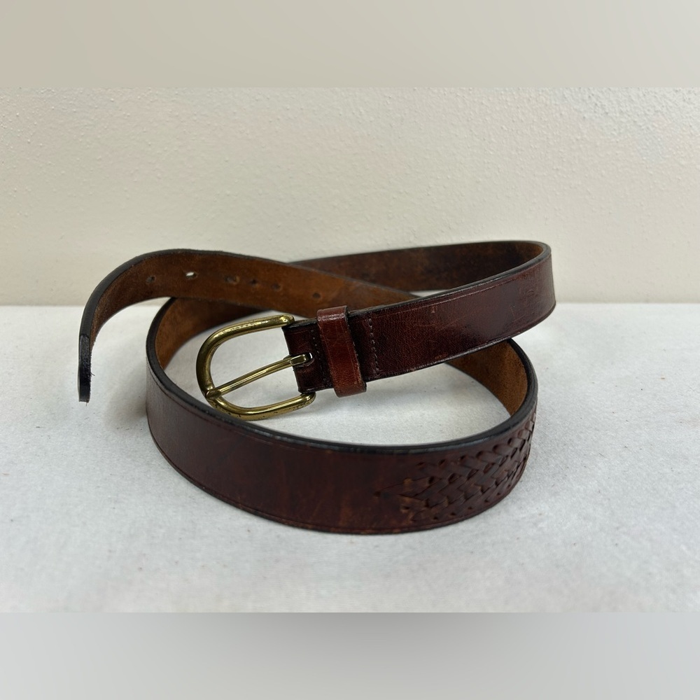 Vintage Brown Leather Belt with Brass Buckle Braided Accent Size 36/38 Mens